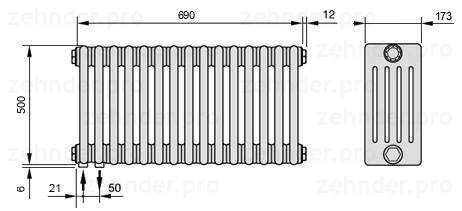 Схема (чертеж) Радиатор Zehnder Charleston 5050/15 №3370 Белый глянцевый RAL 9016
